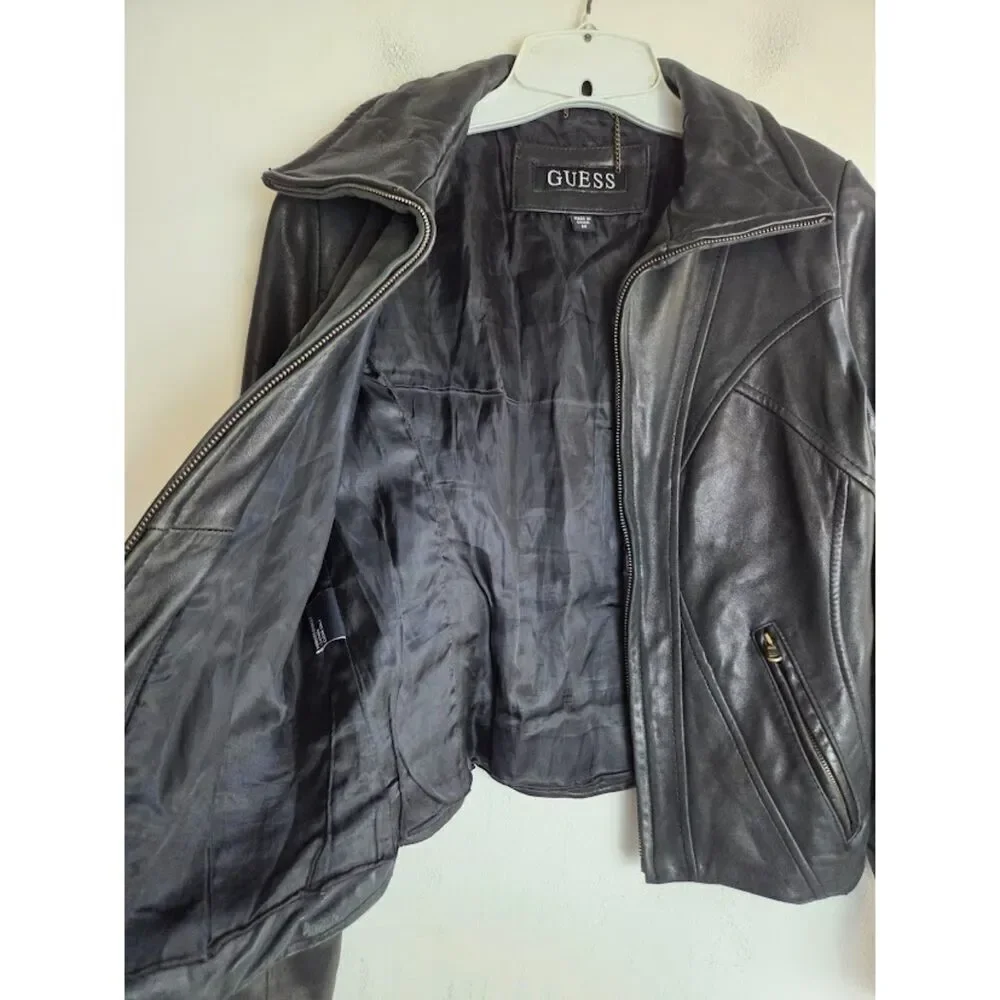 Guess Women Geniune 100% Leather Full Zip Lined Moto Pockets Jacket size Medium